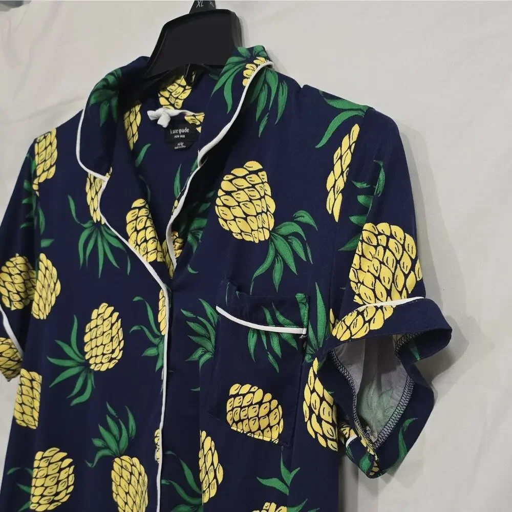 kate spade new york Womens XL Pineapple Pajama Top Navy Button Front Pocket